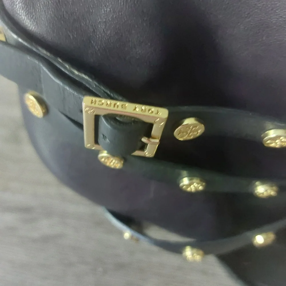 Tory Burch T black leather stiletto strappy heel pumps with gold TB stud accents - Picture 2 of 10